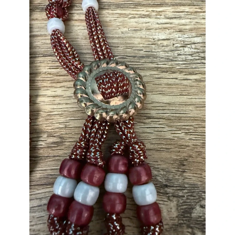 Handmade Beaded Bolo Tie Necklace Sparkly Red Wht Plastic Beads Cowgirl Costume‎
